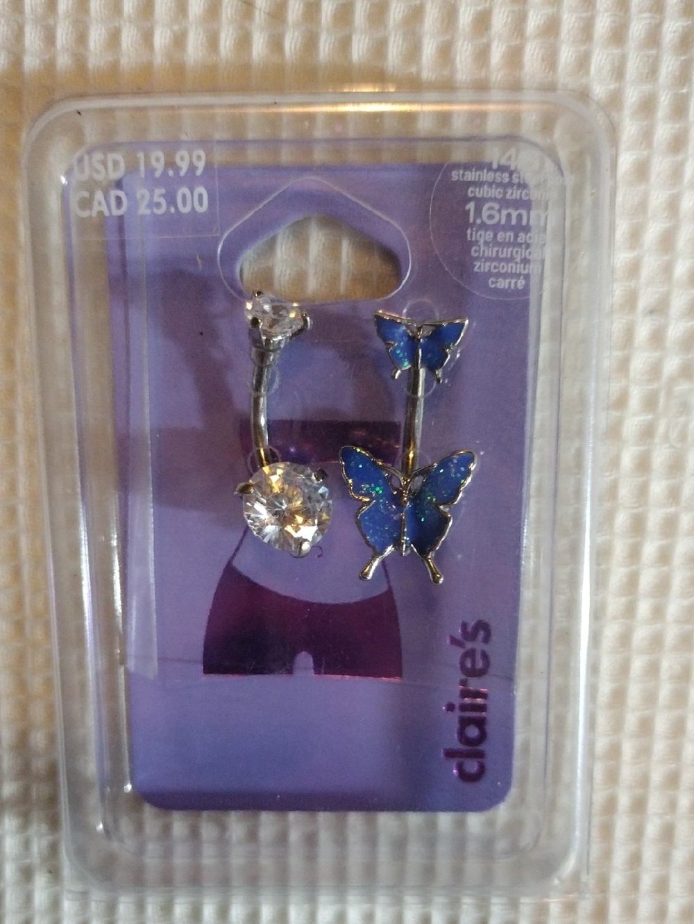 Claire's Blue Butterfly & Clear Gem Belly Ring Set